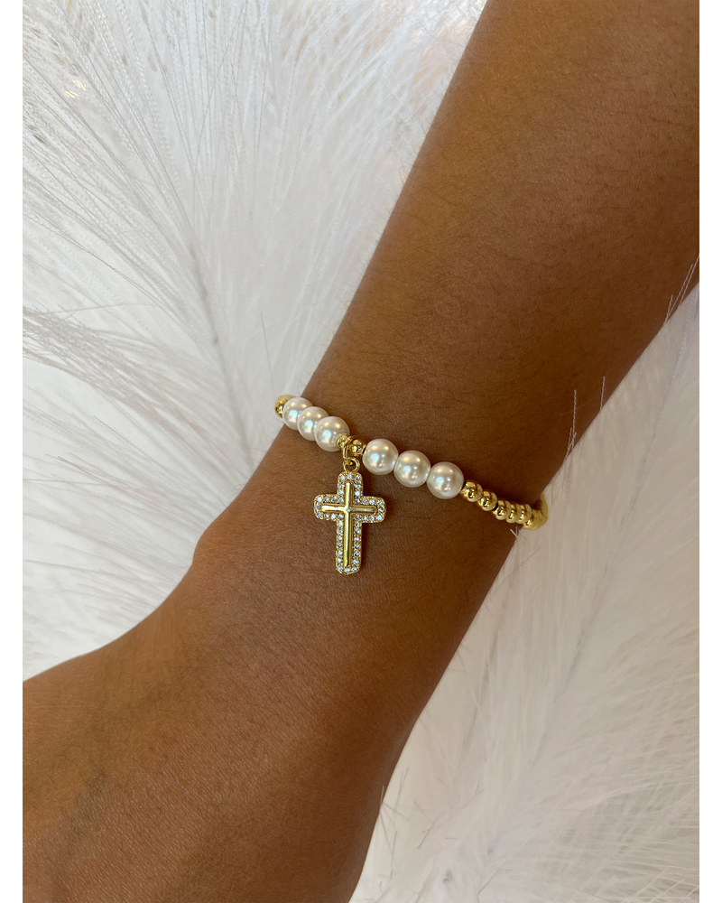 BEAD BRACELET LARGE PEARL -CROSS - BAR  AND OTHERS